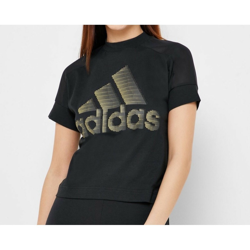 EUC Women adidas ID Glam Tee Black Mock Neck Cropโ Shirt Top mesh shoulders XL